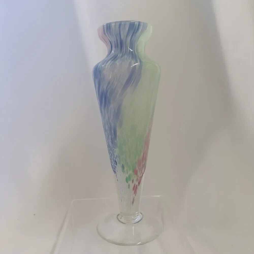 Art Glass Vase Swirl Splat Green Pink Blue White Flare Neck 9” Hand Blown